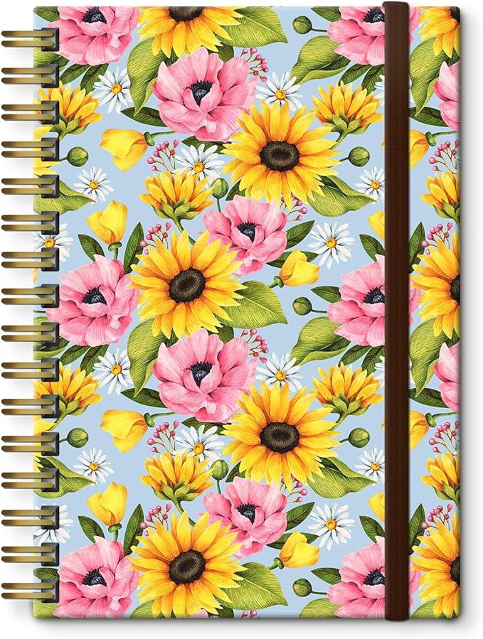 Spiral Journal Notebook, A5 Cute Notebooks for Women Men, College Ruled Hardcover Notebook for Work & Note Taking, 60 Pages Double-Wire Journals for Writing, Cute Sunflowers