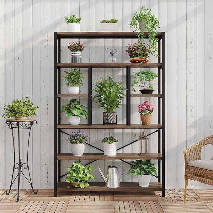 LVB Tall Industrial Etagere Bookcase, Modern Wood Large Open 6 Tier Bookshelf, Vintage Wide Metal Book Shelf Organizer, Farmhouse Book Shelves for Bedroom Living Room Home Office Storage, Rustic Oak