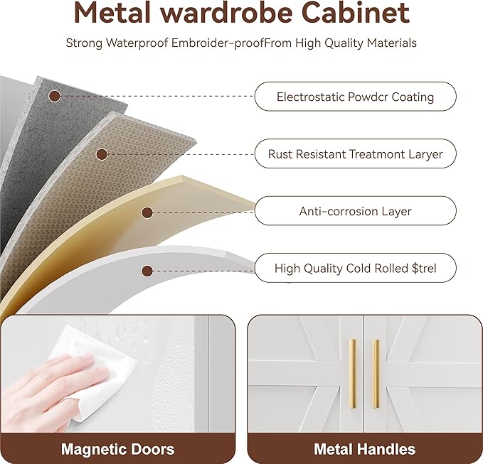 Farmhouse Wardrobe Cabinet with 2 Drawers,Metal Wardrobe Closet with Hanging Rod,Metal Armoire with Adjustable Shelves for Bedroom,Living Room, Cloak Room,Office (White)