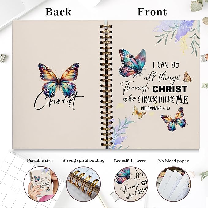 Bible Notebook, A5 Spiral Christian Journal Butterfly Notebook, Bible Verse-I Can Do All Things Through Christ Who Strengthens Me, Inspirational Notebooks for Women, Gift for Birthday Christmas