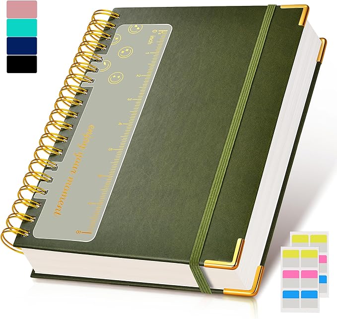Spiral Notebook Journal 7.6” x 10”, 300 Pages Hardcover Leather Lined Journals for Women Men, B5 Large College Ruled Notebooks with 100 GSM Thick Paper, Spiral Journal for Writing Work, Olive Green