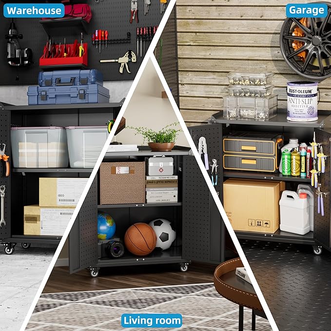 Aobabo 34.3" H Garage Storage Cabinet with Wheels,Lockable Metal Storage Cabinet with 2 Doors for Garage Home Office Storage,Black,Assembly Required