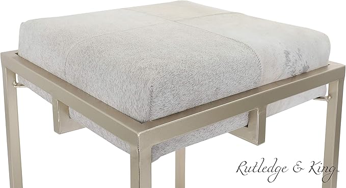 Rutledge & King Cowhide Ottoman/Vanity Stool - Square Ottoman Stool - White Ottoman/Grey Ottoman Foot Rest - Cowhide Grey & White Stool - Gold Stool - Cow Ottoman - Cow Fur Stool (Gold)