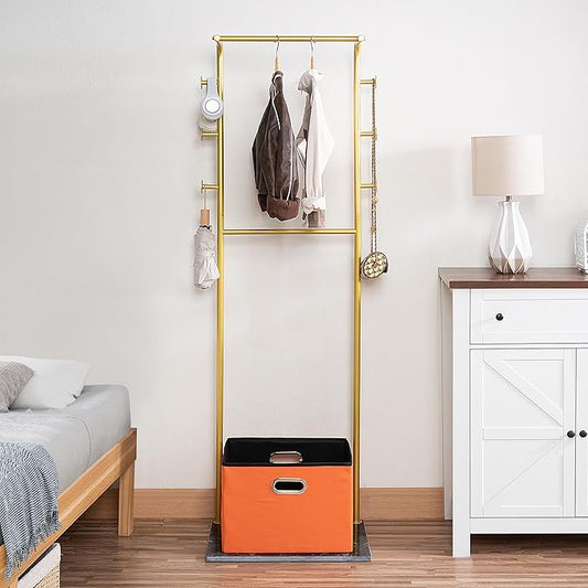 Heavy Duty Coat Rack with Storage Basket Metal Hanging Clothes Rack with Marble Base Modern Standing Clothing Rack for Entryway Bedroom Living Room Hotel 19.69 x 13.39 x 67.72 Inches (Gold)