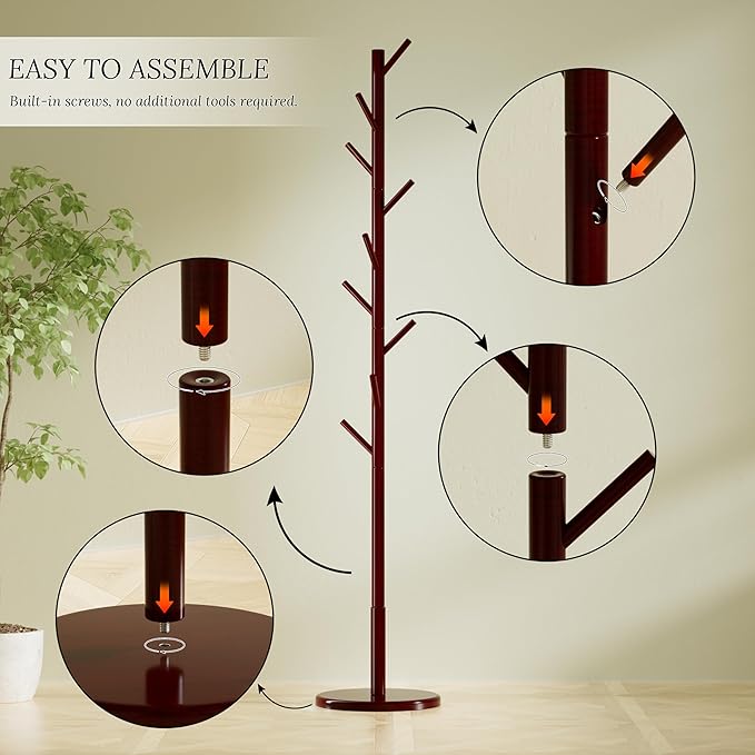 Wooden Coat Rack Freestanding Coat Tree with 4 Height Options and 9 Hooks, Sturdy Coat Rack Stand for Clothes/Bags/Hats, Easy Assemble Save Space for Entryway,Bedroom,Office,Narrow Place (Brown)
