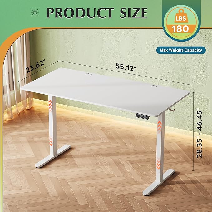 DEVAISE 55x28 Inch Whole Piece Standing Desk, Seamless Desktop Electric Standing Desk, Office Computer Desk with Adjustable Height, 3-Preset Memory Sit Stand up Desk for Home, Office (White)