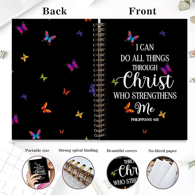 Bible Notebook, A5 Spiral Christian Journal Notebook,I Can Do All Things Through Christ Who Strengthens Me, Inspirational Notebooks for Women, Bible Study, Gift for Birthday Christmas, Office Supplies