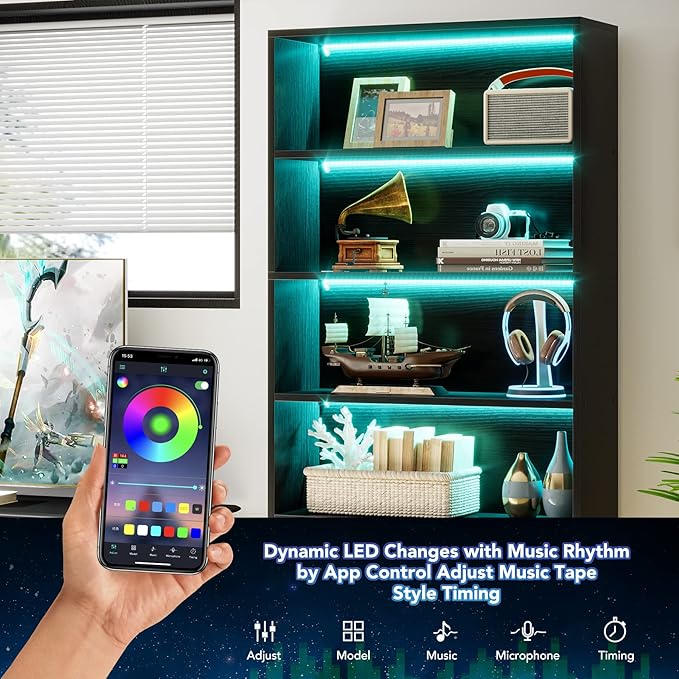 Tribesigns Tall Bookcase Black Bookshelf, 70.8” Large Bookcases Organizer with LED Lights, Heavy Duty Free-Standing Library Bookshelf with 5-Tier Storage Shelves for Living Room, Bedroom (Black)