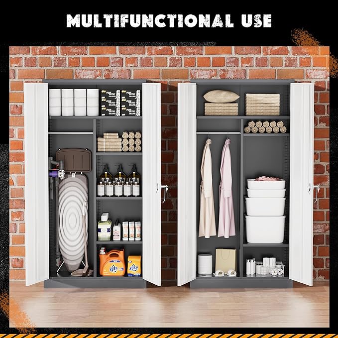 Greenvelly Metal Storage Cabinet with 2 Doors, 72” Steel Storage Wardrobe Cabinet, Employees Locker Closet Clothing Coat Steel Wardrobe Cabinet with Hanging Rod for Garage, Home Office (Grey White)