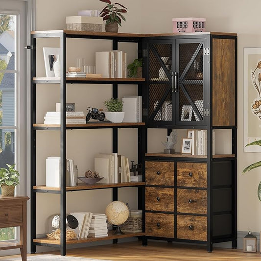 Corner Bookshelf, 5 Tier Industrial Convertible Bookshelf with 6 Fabric Drawers, Corner Bookcase Large L Shaped Storage Display Shelf for Home Office, Living Room, Kitchen, Rustic Brown