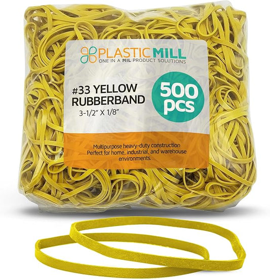 PlasticMill Yellow Rubber Bands Size 33 (3 1/2" x 1/8") - #33 Colored Rubber Bands Office Supplies - Strong, Elastic Bands for Crafts, Balloon Garland, Cash, File Folders (500-Pack)