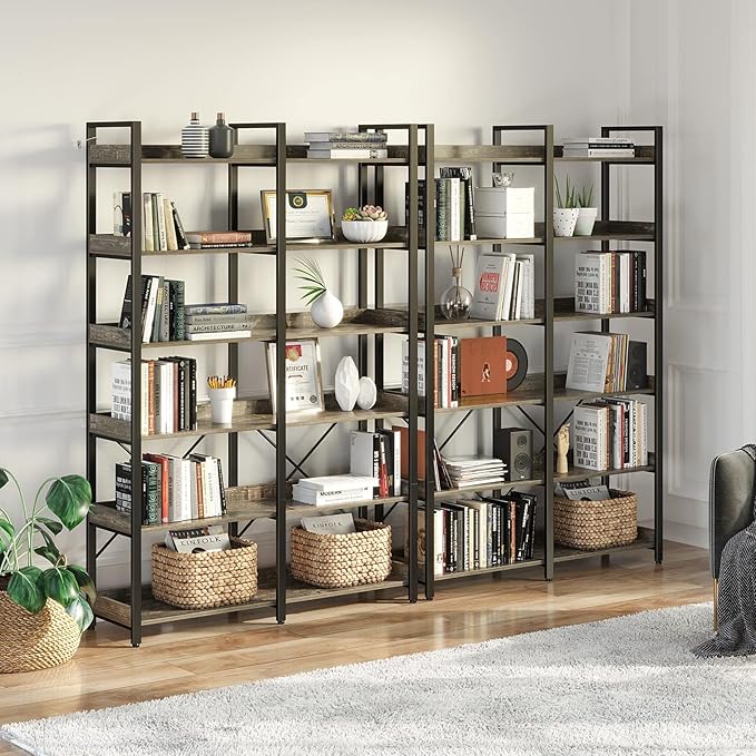 Seventable Bookshelf 6 Tier with 4 Hooks,67”Industrial Wooden Bookcase, Vintage Storage Rack with Open Shelves, Rustic Standing Bookshelves Metal Frame 43.3” Wide Display Rack, Gray