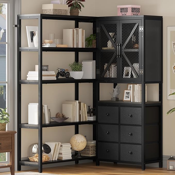 Corner Bookshelf, 5 Tier Industrial Convertible Bookshelf with 6 Fabric Drawers, Corner Bookcase Large L Shaped Storage Display Shelf for Home Office, Living Room, Kitchen, Black
