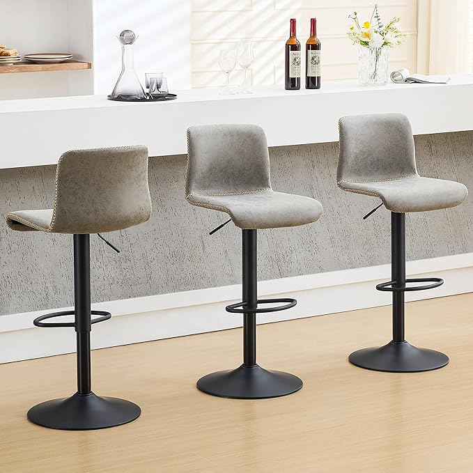 HeuGah Bar Stools Set of 3, Swivel Counter Height Barstools with Back, Adjustable Height 24" to 32", Gray Faux Leather Bar Chairs for Kitchen Island (Gray, Set of 3 (24'' to 32''))