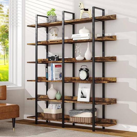 FRAPOW 83Inch Industrial Bookshelf and Bookcase, Double Wide 6 Tier Large Vintage Book Shelf with Metal Frame Open Bookshelves for Living Room Home Office