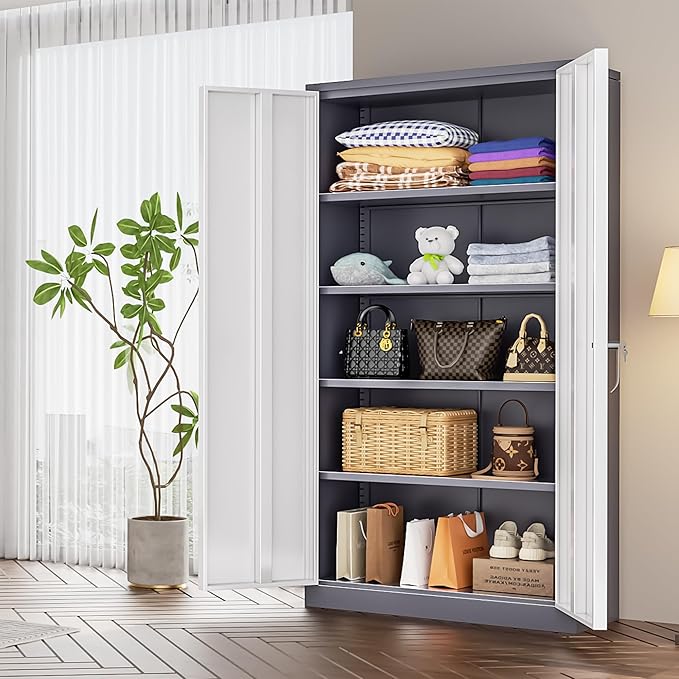 INTERGREAT Garage Storage Cabinets with Doors and Shelves,72" Grey White Steel Tool Locking Cabinet, Metal Storage Cabinet for Home Office, Warehouse, School