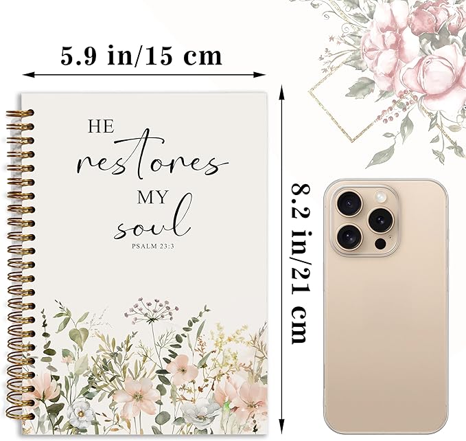 Bible Notebook, A5 Spiral Christian Journal with Floral Notebook, Bible Verse-He Restores My Soul, Inspirational Notebooks for Women, Bible Study, Gift for Birthday Christmas, Office Supplies (White)