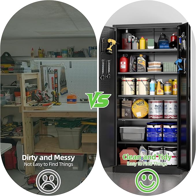 Aobabo Upgraded 71" H×34" W×18" D Metal Garage Storage Cabinet with Pegboards, Lockable Steel Cabinet with 5 Adjustable Shelves and 4 Hooks for Garage, Home, Office, Black,Assembly Required