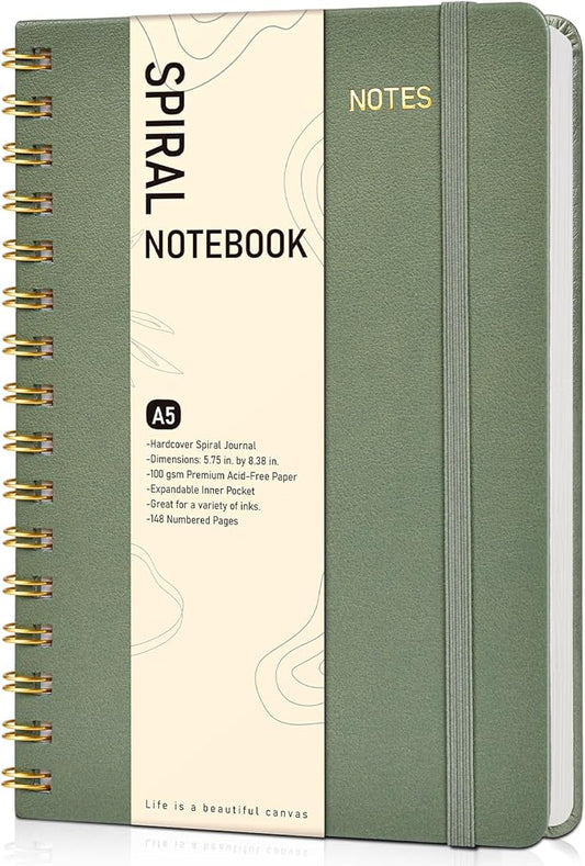 Dotted Spiral Journal Notebook, A5 Hardcover Spiral Journals for Women Men, 100 GSM Dot Grid Paper Notebooks, 150 Pages Spiral Bullet Dotted Notebook for Writing Note Taking 5.75" x 8.38", Sage Green