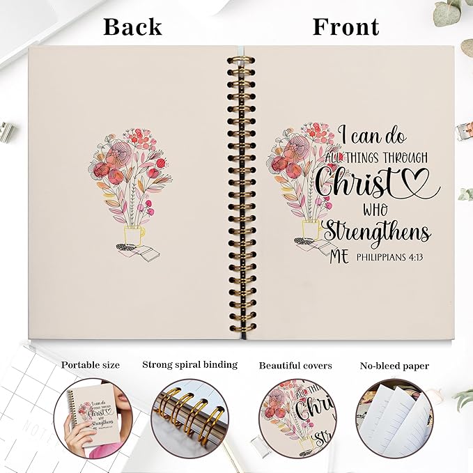 Bible Notebook, A5 Spiral Christian Journal Pink Floral Notebook, Bible Verse-I Can Do All Things Through Christ Who Strengthens Me, Inspirational Notebooks for Women, Gift for Birthday Christmas