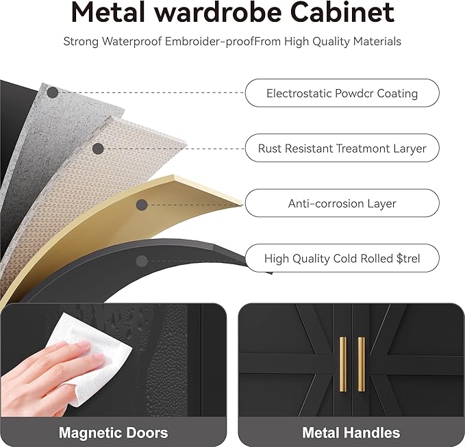 Farmhouse Wardrobe Cabinet with 2 Drawers,Metal Wardrobe Closet with Hanging Rod,Metal Armoire with Adjustable Shelves for Bedroom,Living Room, Cloak Room,Office (Blakc)