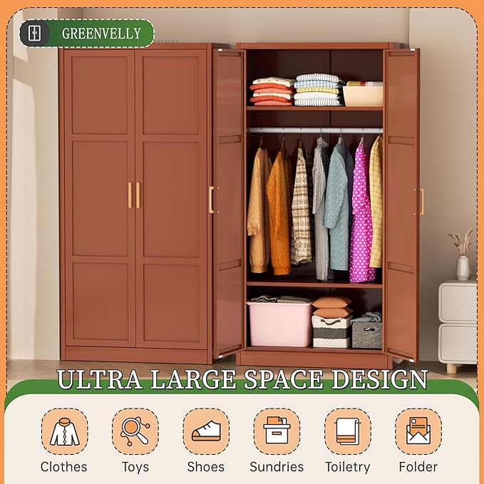 Greenvelly Metal Storage Wardrobe Cabinet, 72" Brown Metal Wardrobe Closet for Hanging Clothes with Doors and Shelves, Modern Steel Clothes Closet for Home, Office and Bedroom, School,Gym