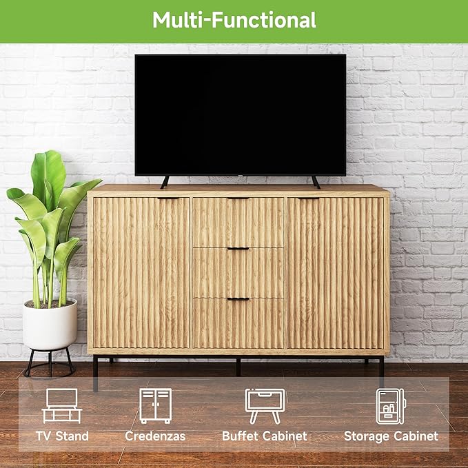 Real Relax Sideboard Buffet Cabinet with Storage, Modern Fluted Cabinet with 2 Doors 3 Drawers, Coffee Bar Accent Storage Credenza, for Kitchen, Living, Dinning Room, Oak