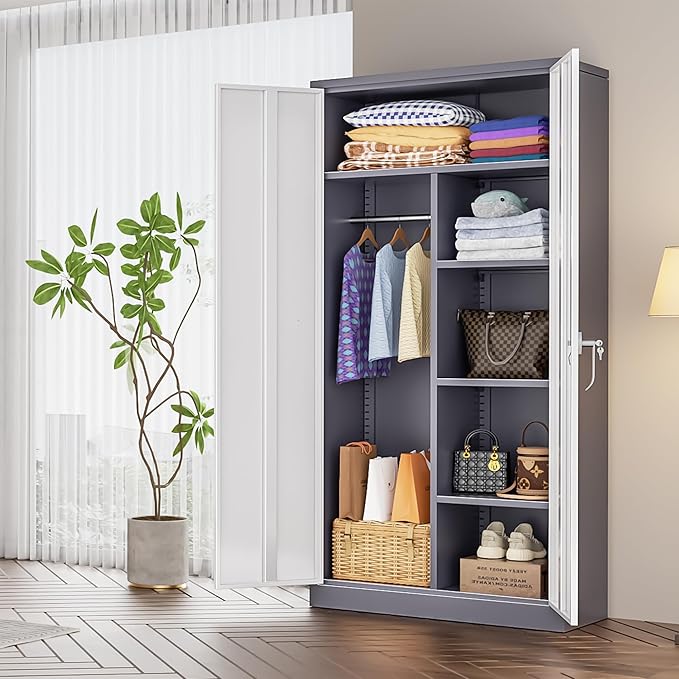 INTERGREAT Metal Storage Cabinet,72 Tall Armoire Wardrobe Closet with Doors,Grey White Storage Locker Cabinets with Adjustable Shelves and Removable Hanging Rods