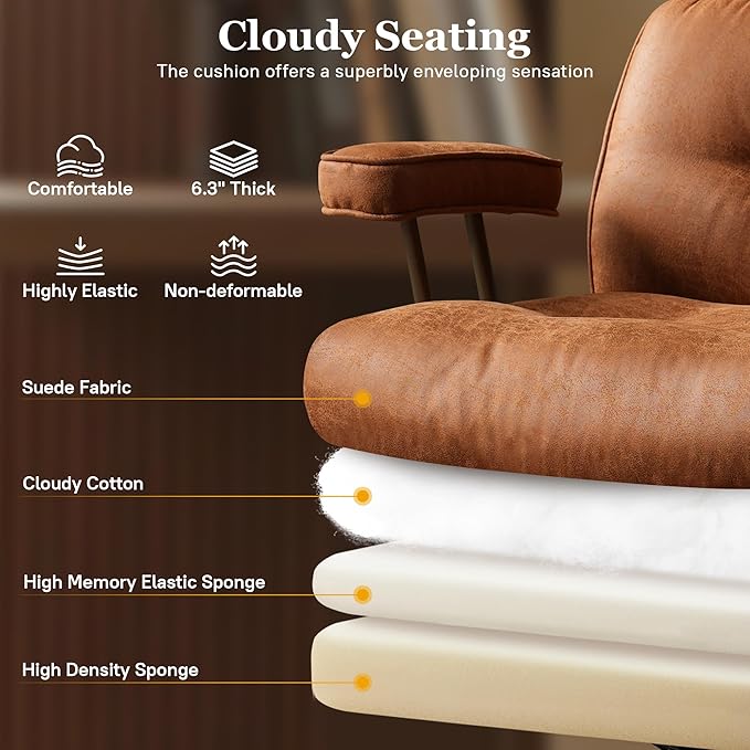 Mid Century Modren Big and Tall Office Chair,Large Ergonomic Executive Chair for Heavy Duty People, Computer Desk Task Chair with Wheels, Faux Lether Fabric Wide Chair for Home Sturdy,Brown(Suede)