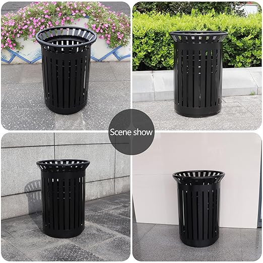 Outdoor Metal Slatted Trash Receptacle,Waste Receptacle,Commercial Trash Cans,Zone Round Garbage Bin,Square Hotel Street Patio Indoor Metal Stan (Big-Black)