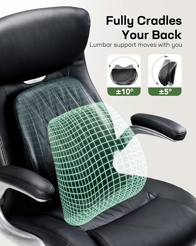 Marsail Comfortable-Office Chair with Dynamic-Lumbar Support: High Back PU Leather Executive Office Chair with Flip-up Arms Tilt Function, Ergonomic Executive Desk Chair for Home Office Work, Black