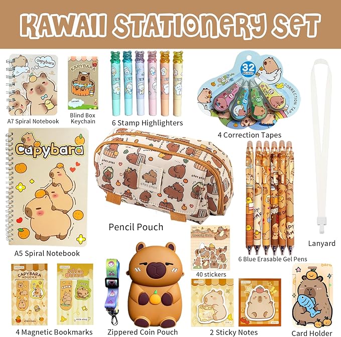 Capybara Stationery Gifts Set for Kids,28 Pcs Kawaii School Supplies Kit with Pencil Case,Notebooks,Erasable Pens,Stickers-Cute Back to School,Easter,Birthday & Christmas Gift Box