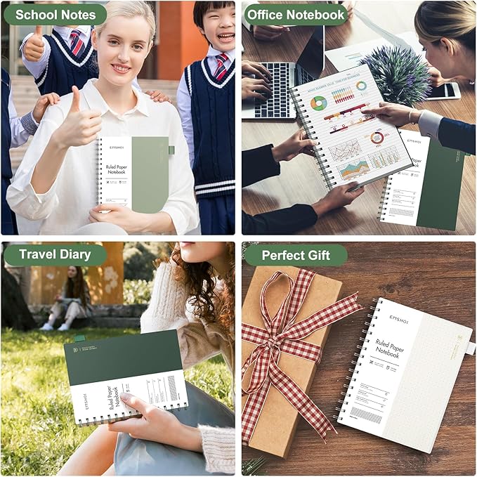 EMSHOI Lined Spiral Journal Notebook, B5 College Ruled Notebook, 300 Pages/150 Sheets, 100gsm Acid-Free Paper, Waterproof Softcover Notebook for School, Work, Note Taking, 7.48" × 10.15" - Dark Green