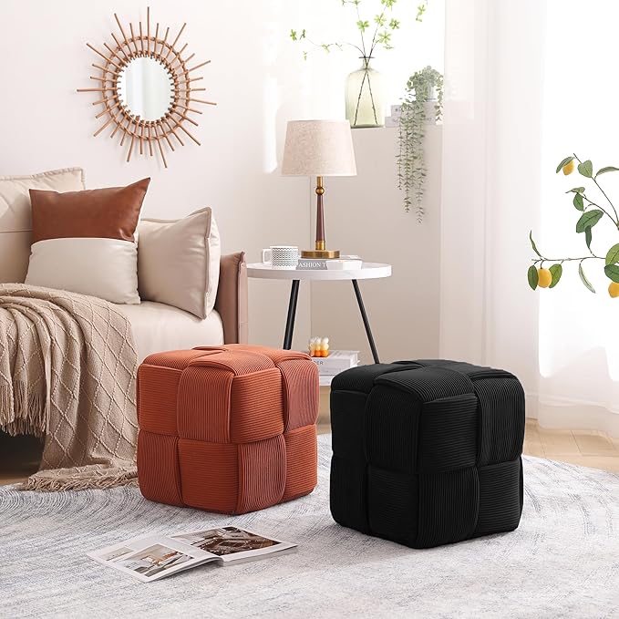 Ottoman Foot Rest Soft and Comfortable Ottoman Square Corduroy Woven Design Sofa Stool (Black)
