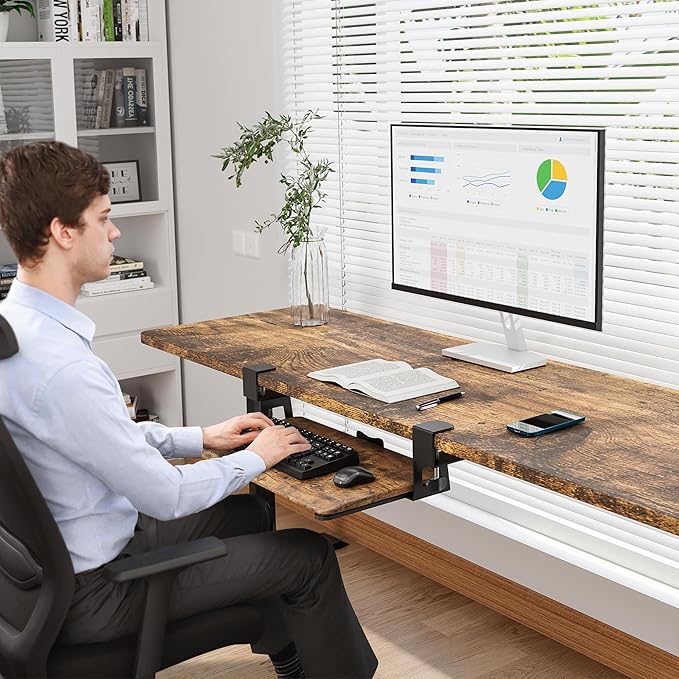 BONTEC KMT01-PJ Under Desk Keyboard Tray, Pull-Out Keyboard & Mouse Platform with C-Clamp, 20 x 11.8 in Space-Saving Ergonomic Slide-Out Drawer, Rustic Brown