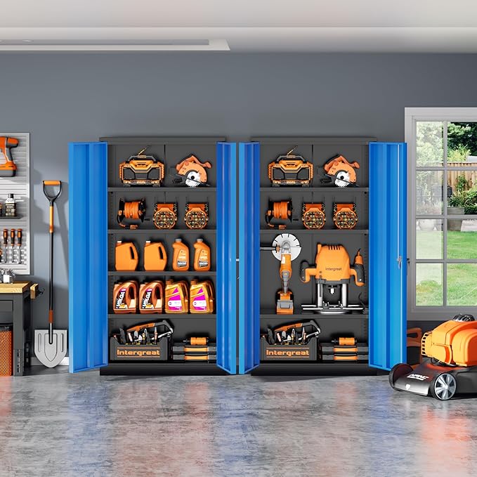 INTERGREAT Garage Storage Cabinets with Doors and Shelves,72" H Steel Locking Cabinets Storage with Lockable Door,Metal Storage Cabinet for Home Office,Warehouse,School,Black Blue