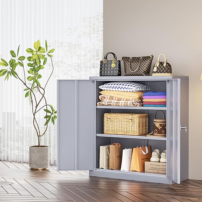 INTERGREAT Metal Cabinet with Lock, Lockable Metal Storage Cabinets with Doors and Shelves for Garage, Cement Grey Locking Garage Storage Cabinets 36"×32"×16"