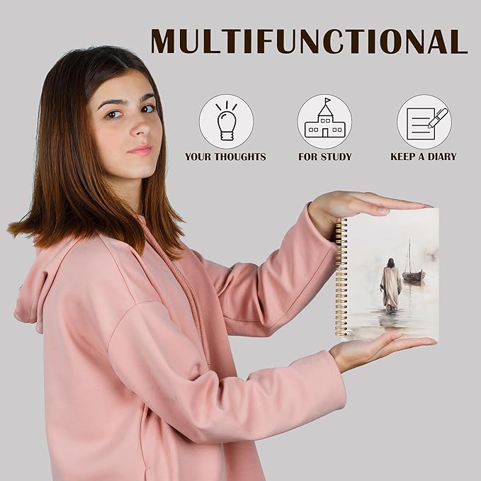 Qabliqo Watercolor Christian Jesus Spiral Notebooks, Jesus Walking on Water Journals for Writing, Prayer Journal, Christian Gifts for Women Men, Religious Notebook for Note Taking, 5.5x8.3 Inch