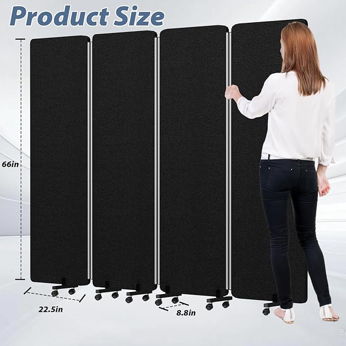Acoustic Room Divider Privacy Panel with Wheels, 4 Panel Soundproof Room Divider (Aluminum Frame) for Room Partition, Folding Room Dividers Separation Office Cubicle Wall Sound Proof Partition Divider