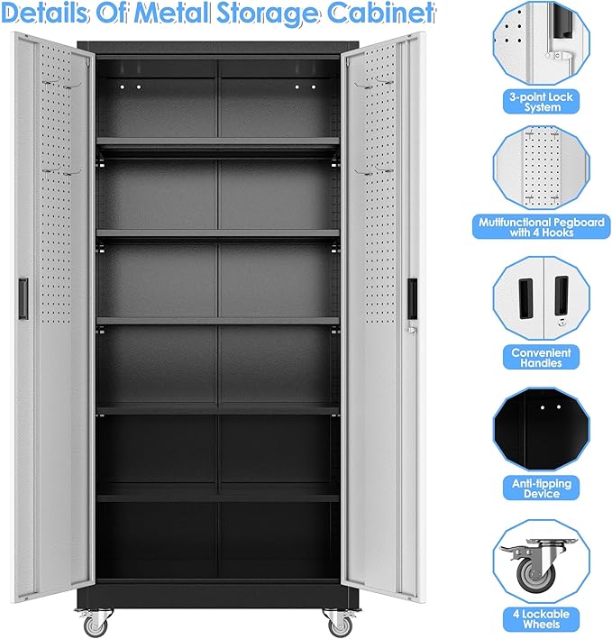 Aobabo Upgraded Garage Storage Cabinets with Wheels,Metal Storage Cabinets with 5 Adjustable Shelves for Garage Home Office Storage, Black&Silver,71''H*32''W*16''D,Assembly Required