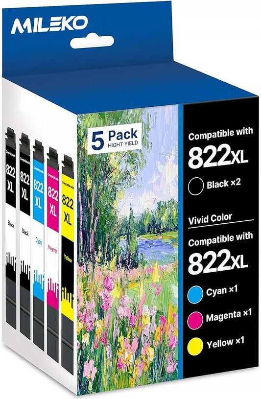 822XL Ink Cartridges Remanufactured Replacement for Epson 822XL Ink Cartridges for Epson 822 822 XL T822 for Epson WF-3820 Printer Workforce Pro WF-4820 WF-4830 WF-4833 WF-3823 Printer(5 Pack, 822XL)