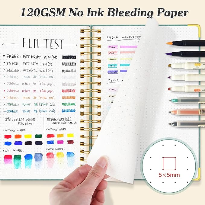 Bullet Dotted Journal Spiral Notebook, 300 Pages Leather Notebooks with Contens, 120 GSM Thick No Bleed Through Paper Journals, A5 Dot Grid Notebook for Women Men School Work Writing, 5.5" x 8", Black