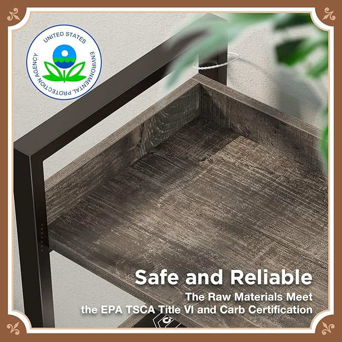 Seventable Bookshelf 6 Tier with 4 Hooks,67”Industrial Wooden Bookcase, Vintage Storage Rack with Open Shelves, Rustic Standing Bookshelves Metal Frame 43.3” Wide Display Rack, Gray