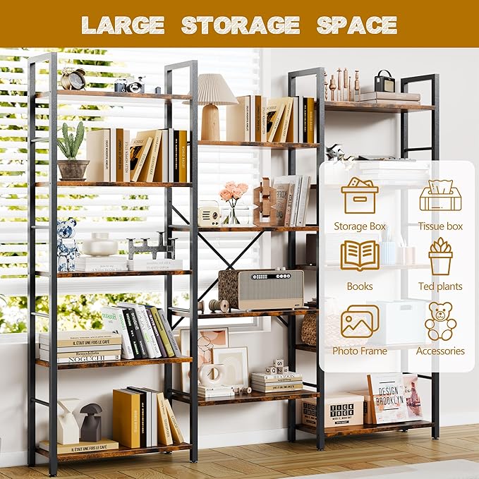Shintenchi Triple Column 5 Tier Bookshelf, Industrial Large Bookcase with 14 Open Display Shelves, Large Etagere Bookshelf,Wide Book Shelf Book Case for Home & Office, Rustic Brown
