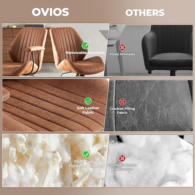 ovios Ergonomic Home Office Chair, Mid-Century Modern Faux Leather Chairs with Padded Armrests, Comfy Mid Back Swivel Rolling Executive Computer Armchair (Brown, Suede Leather)