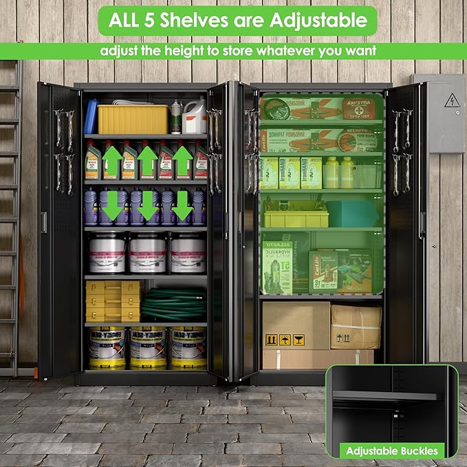 Aobabo Upgraded 71" H×34" W×18" D Metal Garage Storage Cabinet with Pegboards, Lockable Steel Cabinet with 5 Adjustable Shelves and 4 Hooks for Garage, Home, Office, Black,Assembly Required