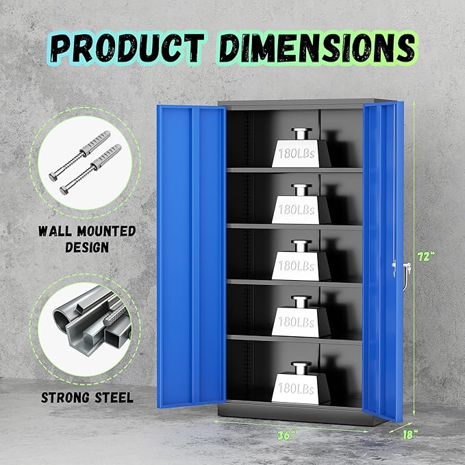 INTERGREAT Garage Storage Cabinets with Doors and Shelves,72" H Steel Locking Cabinets Storage with Lockable Door,Metal Storage Cabinet for Home Office,Warehouse,School,Black Blue