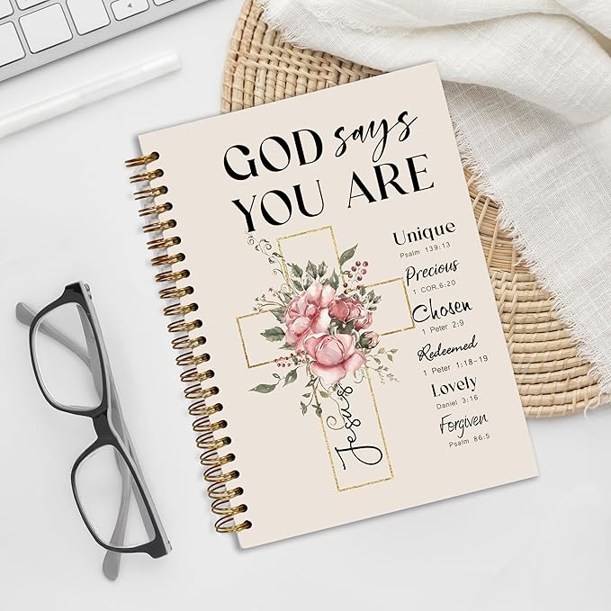 Bible Notebook, A5 Spiral Christian Journal with Floral Pink Butterfly Notebook, Bible Verse-God Says You Are, Inspirational Notebooks for Women, Bible Study, Gift for Birthday Christmas