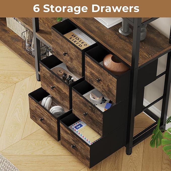 Corner Bookshelf, 6 Tier Industrial Convertible Bookshelf with 6 Fabric Drawers, Corner Bookcase Large L Shaped Storage Display Shelf for Home Office, Living Room, Kitchen, Rustic Brown