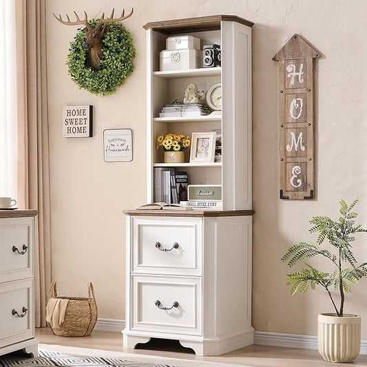 T4TREAM 6-Tier Bookcase with 2 File Drawers, 72" Tall Farmhouse Bookshelf with Storage & Adjustable Shelves, Wooden Floor Standing Display Book Shelf Organizer for Home Office, Antique White